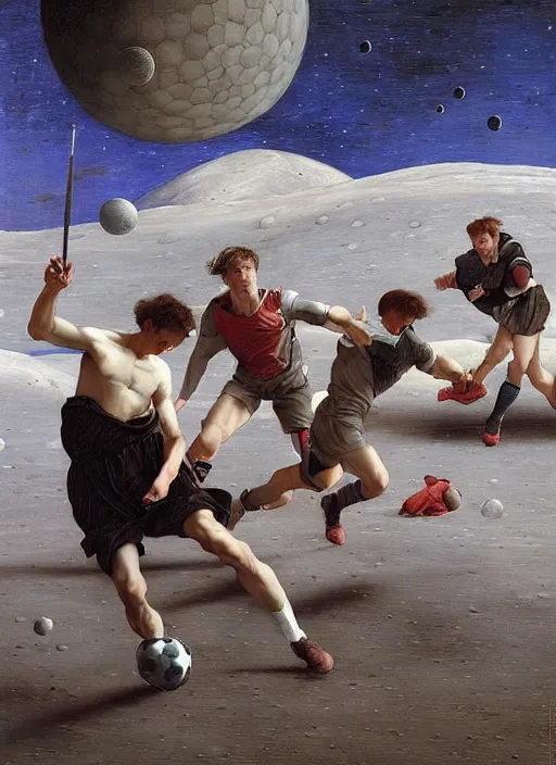 Image similar to a soccer match on the moon by edgar maxence and caravaggio and michael whelan and delacroix style, artistic, intricate painting, cinematic lighting, hyper realistic, extremely detailed, establishing shot, 8 k resolution, dramatic lighting