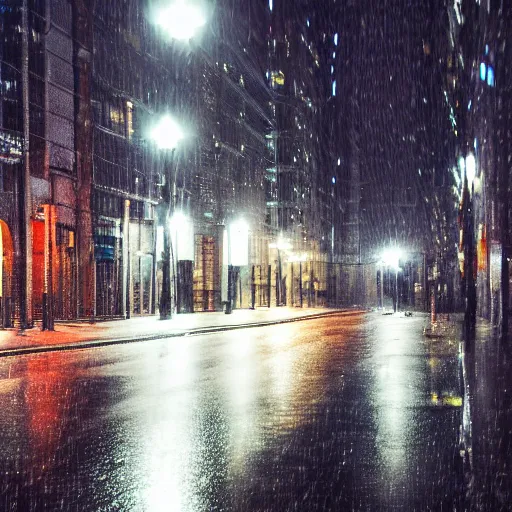 Image similar to a city street at night, raining, photograph