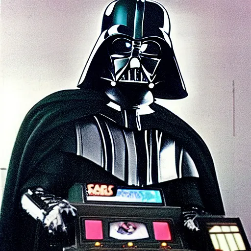 Prompt: rare photo of darth vader playing arcade game