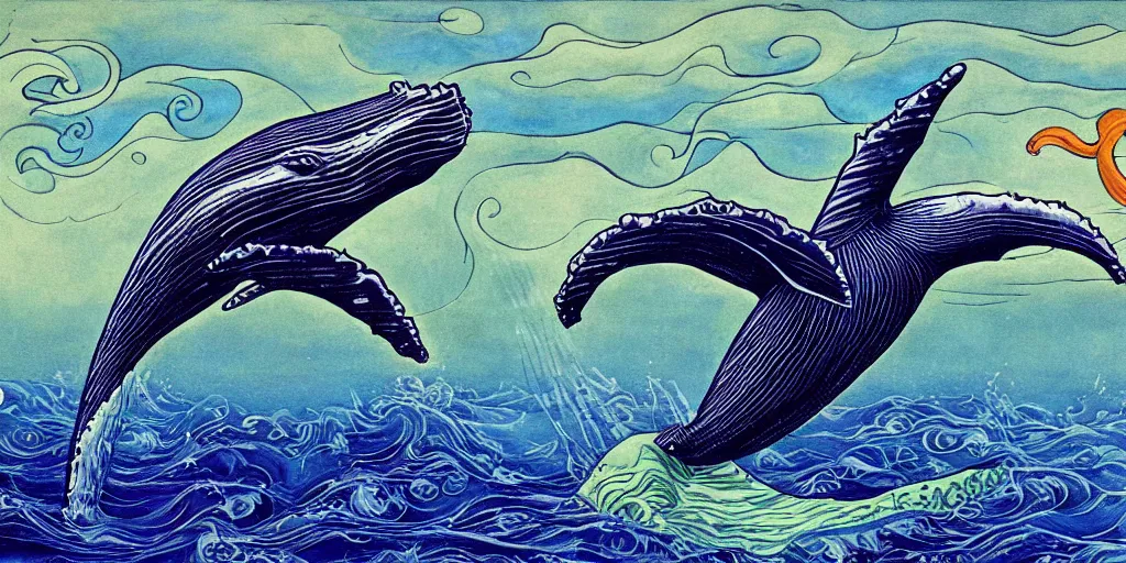 Prompt: humpback whale, tarot style, art nouveau, painted, high detail,