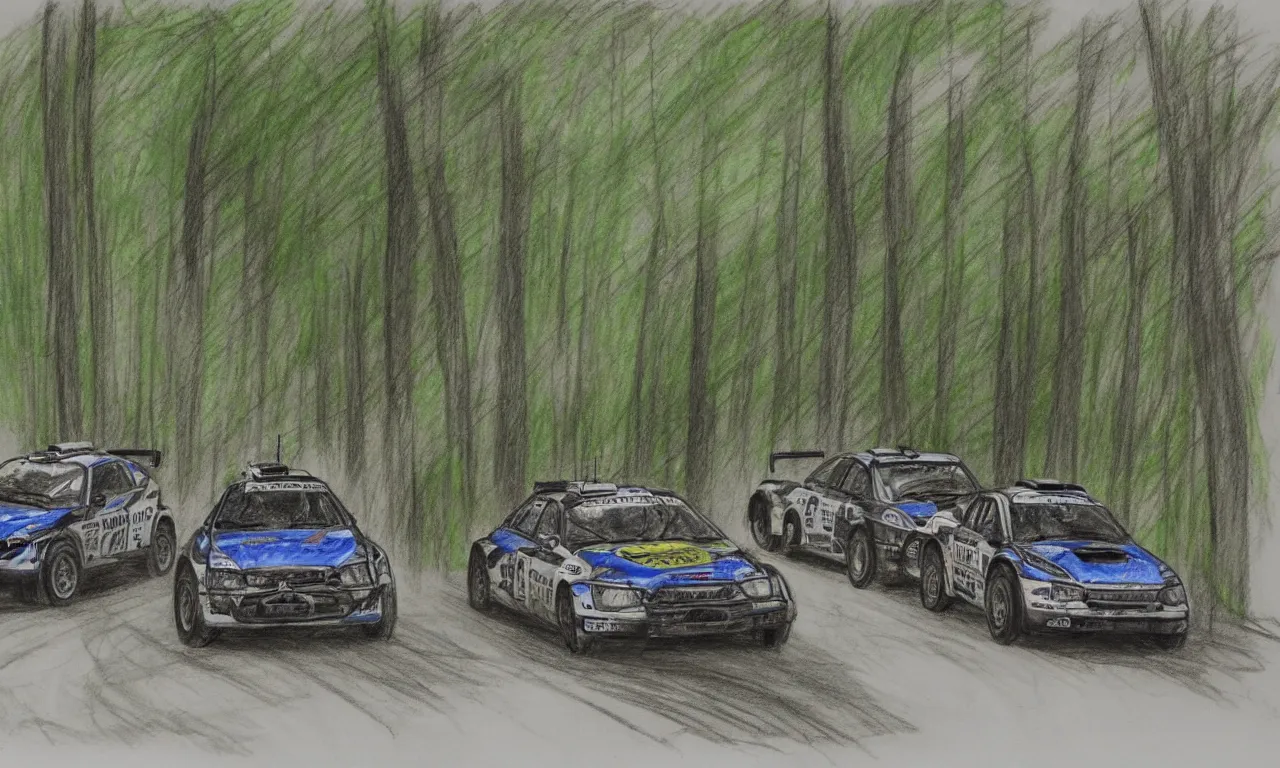 Image similar to 3 rally cars racing through a forest with a river behind them, sun shining through the trees, pencil sketch,