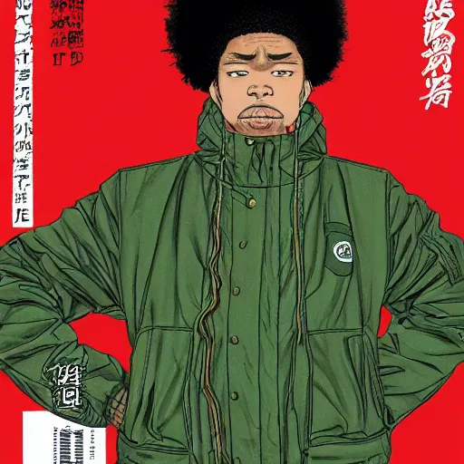 Image similar to illustration by katsuhiro otomo, black man with afro hair, stubble, wearing an adidas army green jacket, in the streets of tokyo, akira style, by katsuhiro otomo