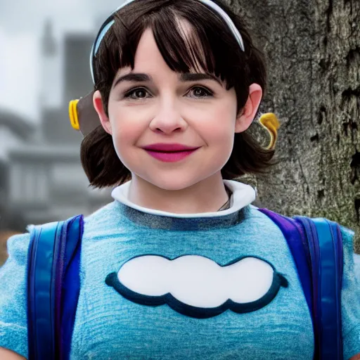 Image similar to Emilia Clark in 'Diary of a Wimpy Kid' costume. Sony a7r IV, symmetric balance, polarizing filter, Photolab, lightroom, 8k, award-winning