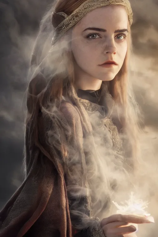 Image similar to a mix of of emma watson, anya taylor - joy and emma stone, sorceress elf, lord of the rings, movie still, hyperrealism, octane render, extremely detailed, intricate smoke magic, lace, style of mark ryden, earl nore, hyung tae, frank frazetta