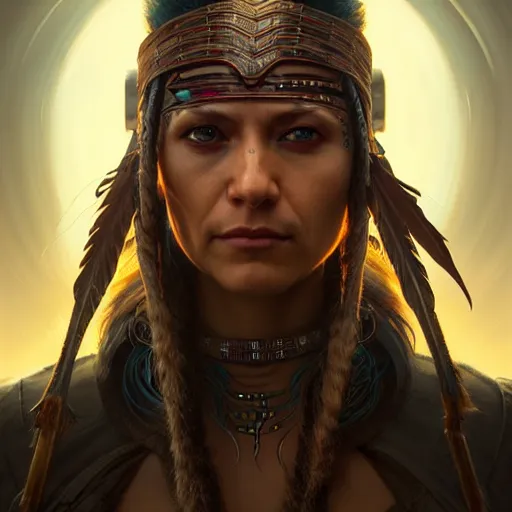 Image similar to portrait painting of a cyberpunk native american elven street samurai, ultra realistic, concept art, intricate details, eerie, highly detailed, photorealistic, octane render, 8 k, unreal engine. art by artgerm and greg rutkowski and charlie bowater and magali villeneuve and alphonse mucha