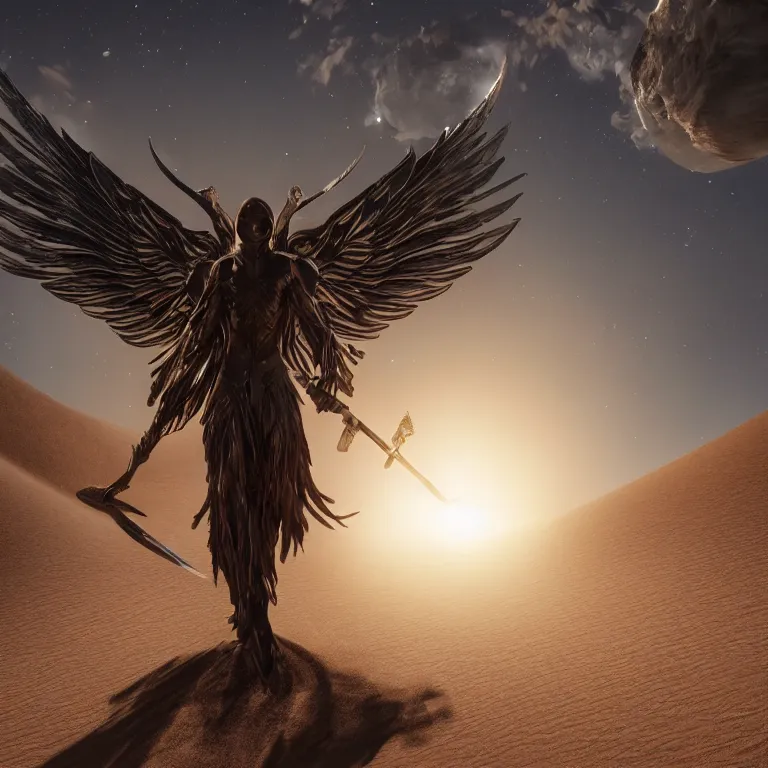 Prompt: detailed silhouette of Archangel Raphael with detailed feathered metallic wings and sword, desert planet orbited by three moons, highly detailed dunes, highly detailed rock formations, sand storm, low camera angle, atmospheric establishing shot, cinematic lighting, octane renderer, 4k,