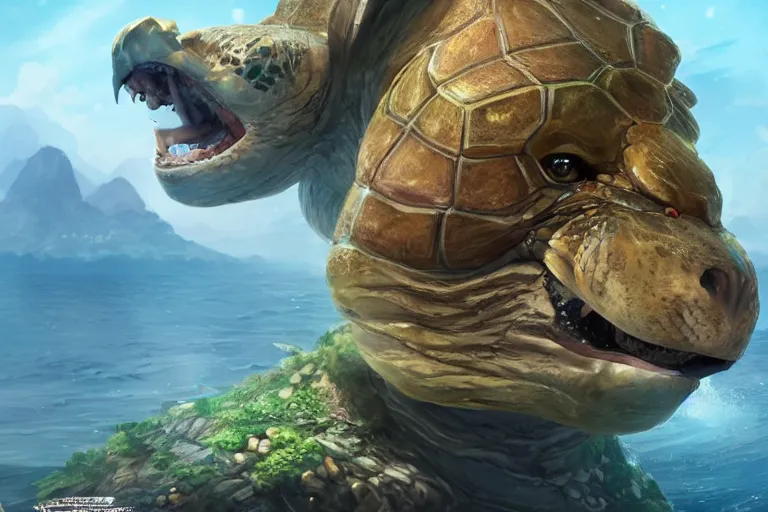 Image similar to the legendary island sized lion turtle which has a city built on its shell, made by Stanley Artgerm Lau, WLOP, Rossdraws, ArtStation, CGSociety, concept art, cgsociety, octane render, trending on artstation, artstationHD, artstationHQ, unreal engine, 4k, 8k,