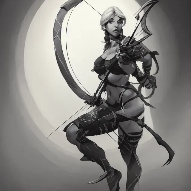 Image similar to a beautiful painting of a female archer with grey skin and a frost bow by Yoji Shinkawa, Drow Ranger, Dota, heavy line work, chiaroscuro lighting, beautiful and cool. Trending on ArtStation