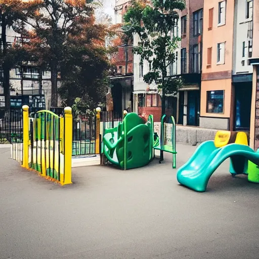 Image similar to “a street corner with a childrens playground and a building across the street”