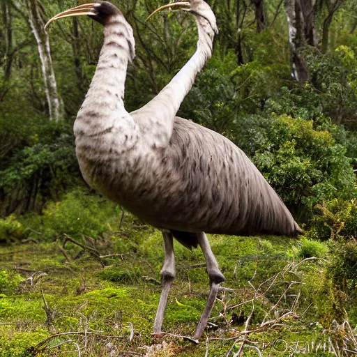 Image similar to a photograph of a moa grazing in a new zealand forest clearing.