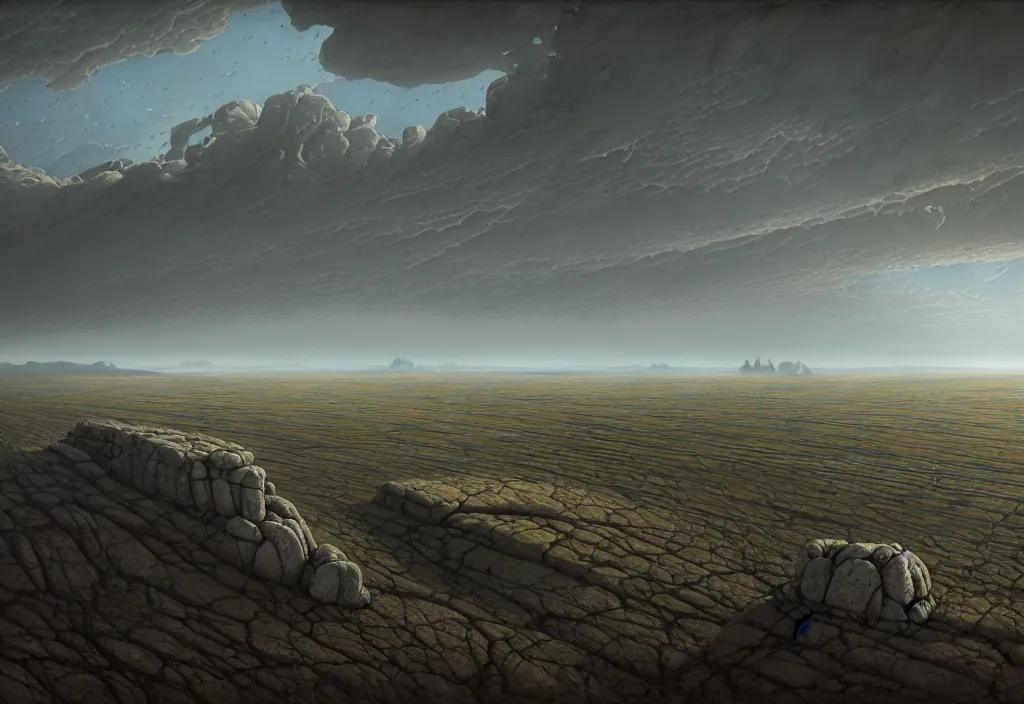 Image similar to The landscape of a flat wasteland with gray dry land, enclosed in incredibly gigantic enormous smoothed stone walls. The walls are so far apart that they disappear over the horizon. Art by Finnian MacManus, Simon Stalenhag, Arthur Rackham. Masterpiece, fantasy art, cinematic, hyperdetailed, photorealistic, hyperrealism, octane rendering, 8k, aerial view