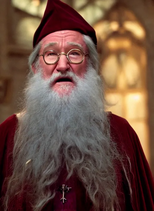 Image similar to film still of Robin Williams as Albus Dumbledore in Harry Potter and the Chambre of Secrets, 4k