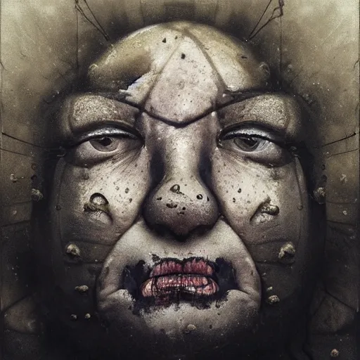 Image similar to portrait of the face of big fat old sumoringer as despair from sandman, venus of willendorf, by jeremy mann, by gregory crewdson, by bastien lecouffe deharme, by russ mills, sad face, topknot, black hair, mourning, black eyes, white room, soft lightning, high detailed, 8 k