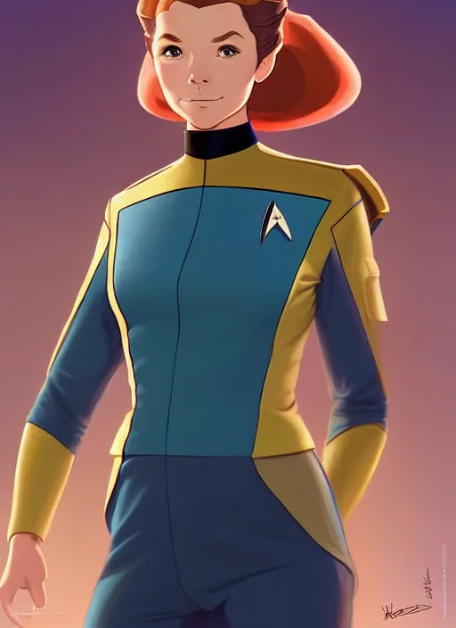 Image similar to cute star trek officer maraget rutherford, natural lighting, path traced, highly detailed, high quality, digital painting, by don bluth and ross tran and studio ghibli and alphonse mucha, artgerm