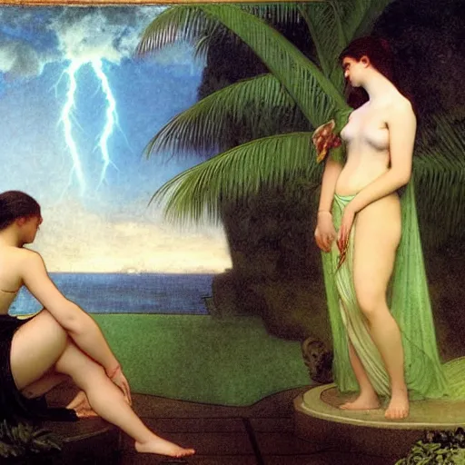 Image similar to Silhouette of two girls at the palace, thunderstorm, greek pool, beach and palm trees on the background major arcana sky, by paul delaroche, alphonse mucha and arnold böcklin arnold böcklin hyperrealistic 8k, very detailed