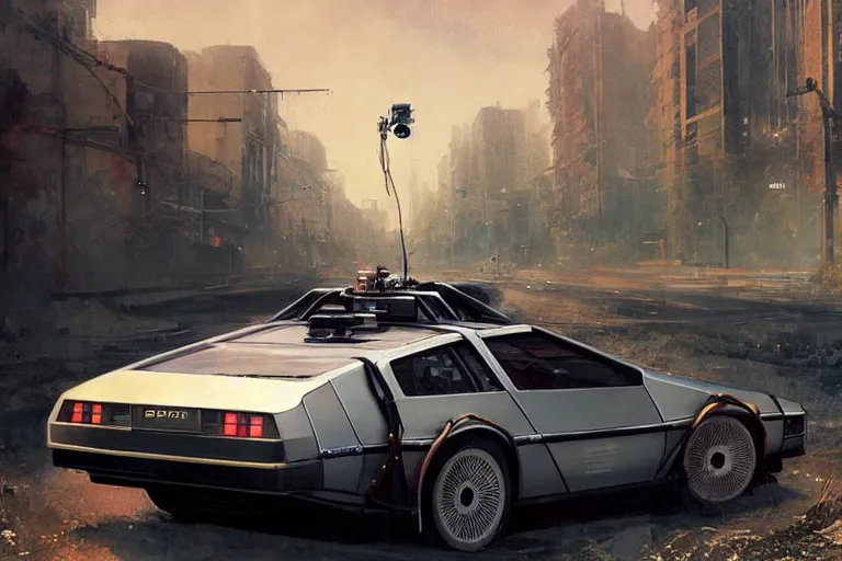 Image similar to photograph of the delorean, with a sleek spoiler, driving down the streets of a cyberpunk abandoned city, by greg rutkowski, by stanley artgerm, by alphonse mucha