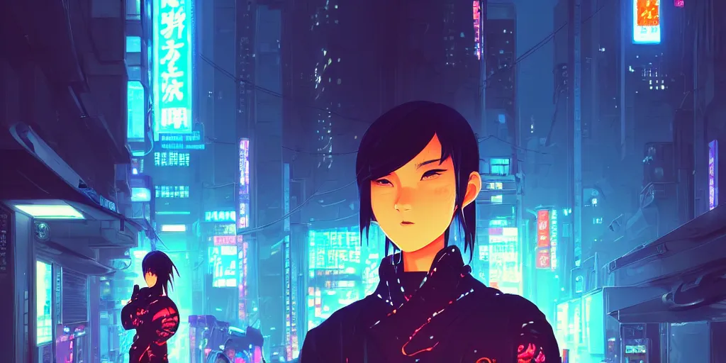 Image similar to digital illustration closeup portrait of cyberpunk samurai in city street at night by makoto shinkai, ilya kuvshinov, lois van baarle, rossdraws, basquiat | afrofuturism, in the style of hearthstone, trending on artstation | cool color scheme