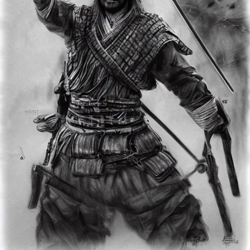 Image similar to Kurdish samurai, detailed charcoal sketch, realistic, incredibly detailed, award winning art, cinematic, extremely high detail, concept art, 4k fantasy art, trending on artstation