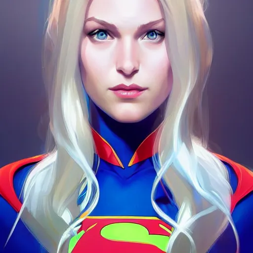 Image similar to Portrait of Supergirl, DC Super Hero Girls, blue eyes, intricate, elegant, highly detailed, digital painting, artstation, concept art, smooth, sharp focus, illustration, art by artgerm and greg rutkowski and alphonse mucha