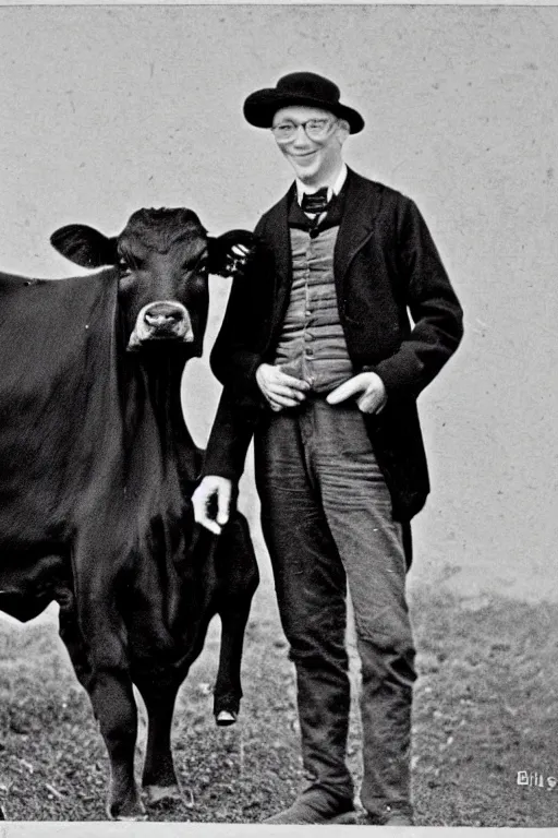 Image similar to a victorian photo of bill gates and a cow