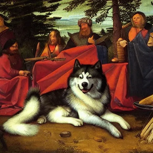 Prompt: alaskan malamute behind campfire in medieval setting, as a renaissance painting