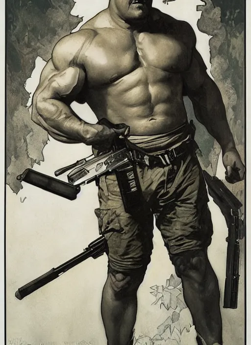 Image similar to gk chesterton as a buff action hero with muscles and a shotgun. portrait by james gurney craig mullins and alphonso mucha. realistic face. expressive.