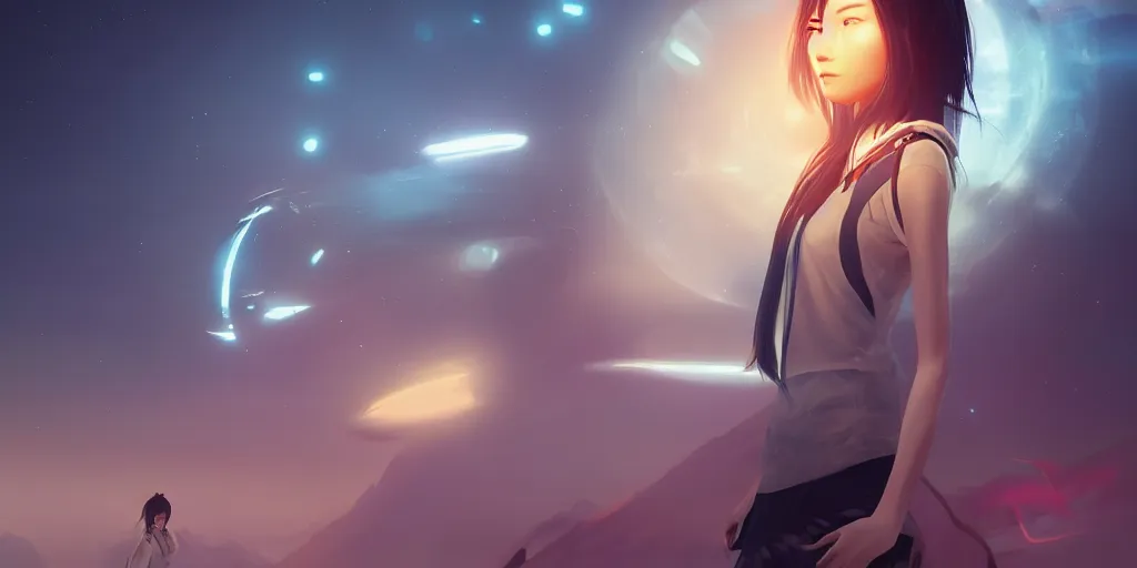 Prompt: Young Tibetan woman, somber white eyes, long, gentle lighting, piloting a small space shuttle, futuristic, dim lighting, digital art by Makoto Shinkai ilya kuvshinov and Wojtek Fus, digital art, concept art,