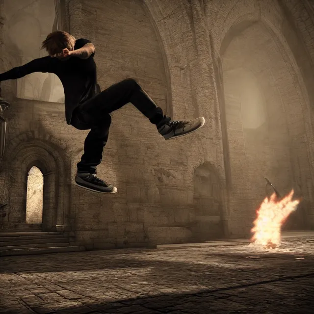 Image similar to tony hawk kick flipping over a boss in dark souls, dark cinematic, volumetric, realistic, cinematic lighting, ray tracing, unreal engine 5, unreal engine render, octane render, hyper realistic, photo, 8 k