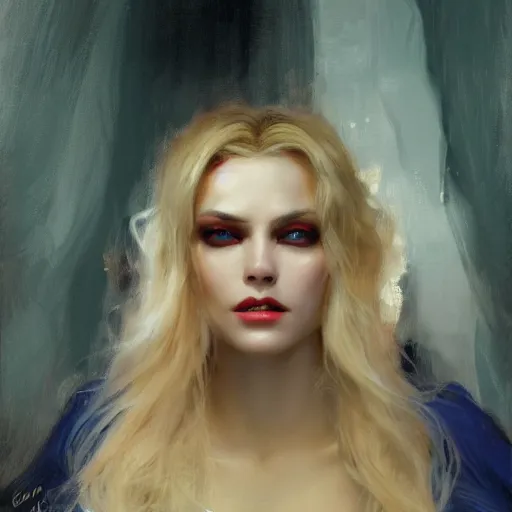 Image similar to detailed cinematic wide shot of beautiful attractive blonde vampire woman black clothes slim face symettrical face clean skin blue eyes black robe smooth, sharp focus, ultra realistic, spring light, painting by gaston bussiere, craig mullins, j. c. leyendecker