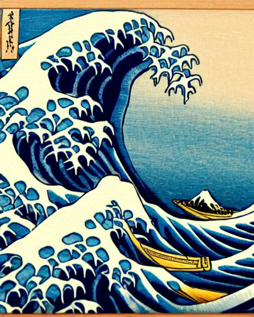 Image similar to an award winning Wood engraving on paper of The Great Wave off Kanagawa