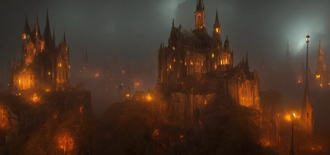 Image similar to view of an abandoned gothic city at night, lightning, glowing fog, castles, cinematic lighting, ultra detailed, sharp, ambient occlusion, raytracing, by greg rutowski, paul chadeisson and jessica rossier