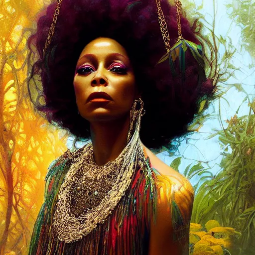 Prompt: Erykah Badu as a goddess , A stunning masterpiece, by Stanley Artgerm Lau, greg rutkowski, Sachin Teng, thomas kindkade, alphonse mucha, loish, norman Rockwel