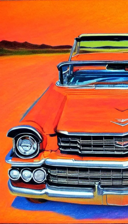 Prompt: far away, top down shot, 1 9 6 3 cadillac convertible driving down empty highway into a bright orange sunrise, oil pastel, high detail, realistic, vintage, sepia