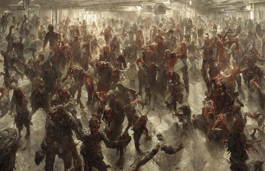 Image similar to painting of zombie apocalypse in subway, ultra realistic, concept art, intricate details, eerie, highly detailed, photorealistic, octane render, 8 k, unreal engine. art by artgerm and greg rutkowski and alphonse mucha