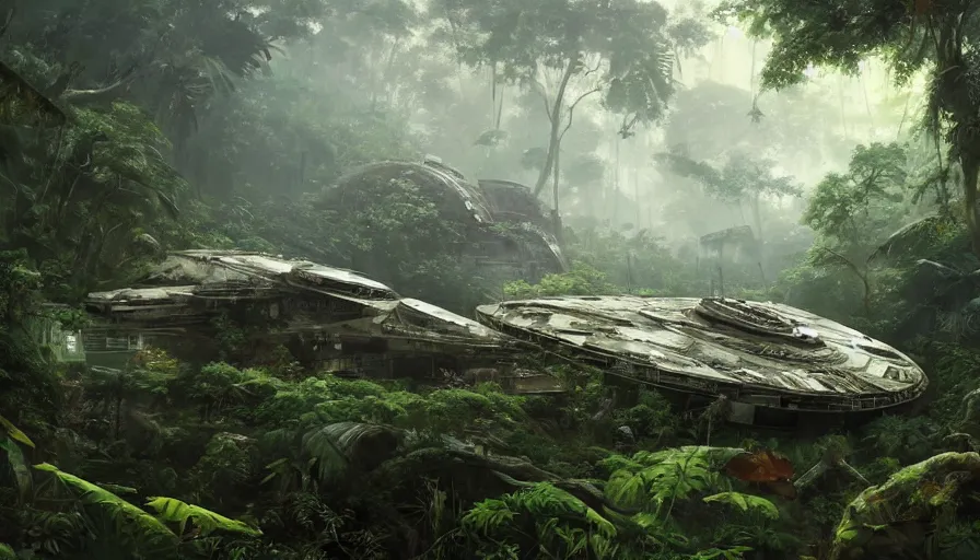 Prompt: a beautiful painting of a crashed millennium falcon in a lush jungle, ray traced lighting by kalin popov and greg rutkowski