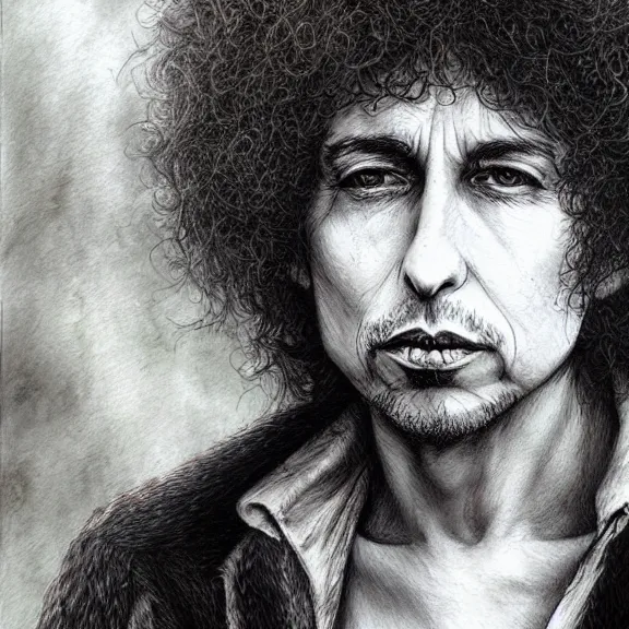 Image similar to a highly detailed portrait of bob dylan in the style of luis royo.