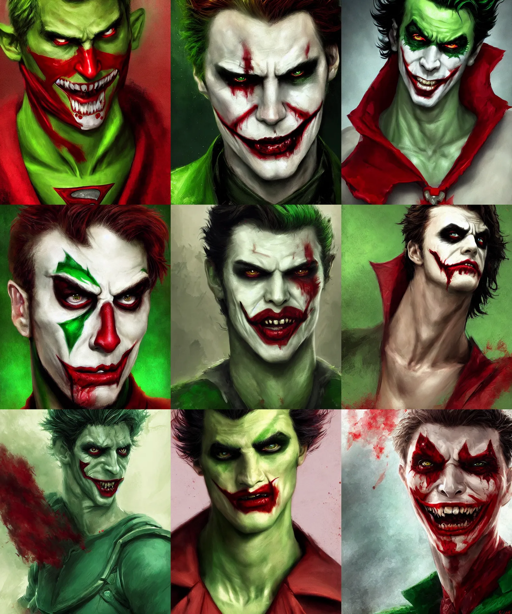 Prompt: digital art painting of young handsome guy extremely masculine face dnd portrait, short hair, vampire, red eyes, crimson color blood tears, remarkable joker make up, wearing a green superhero costume painted by craig mullins and gaston bussiere and greg rutkowski, symmetrical face, defined facial features, symmetrical facial features, dramatic lighting, close up