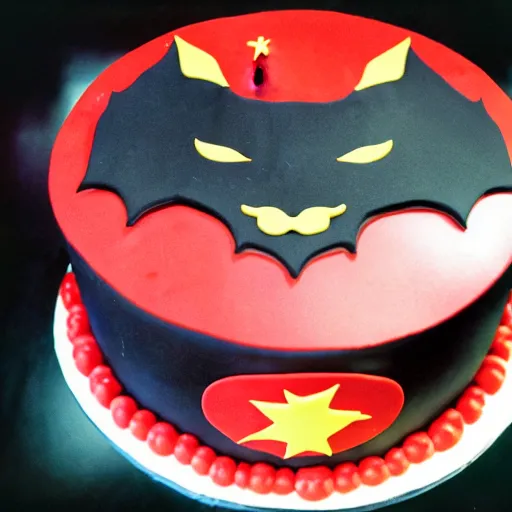 Prompt: chinese bat superhero birthday cake, kodak film,