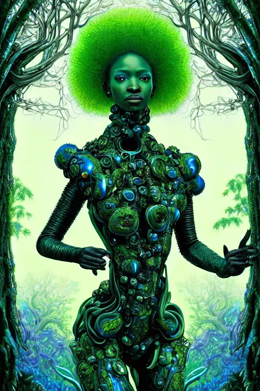 Image similar to hyperrealistic neo - baroque super expressive! black woman with exoskeleton armor, merging with tree in a forest, highly detailed digital art masterpiece smooth cam de leon hannah yata dramatic pearlescent blue green light ground angle hd 8 k sharp focus