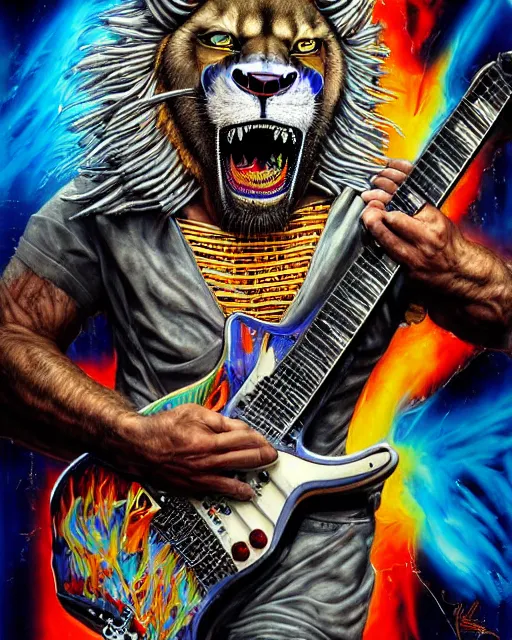 Image similar to a portrait of an anthropomorphic cyberpunk roaring lion shredding an electric guitar as the guitar melts by sandra chevrier, by jon foster, detailed render, tape deck, epic composition, cybernetics, 4 k realistic, cryengine, realistic shaded lighting, sharp focus, masterpiece, by enki bilal