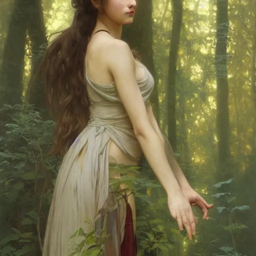 Image similar to painting of a mystic young girl in the forest, intricate, elegant, highly detailed, digital painting, artstation, concept art, smooth, sharp focus, illustration, art by artgerm and greg rutkowski and alphonse mucha and william - adolphe bouguereau