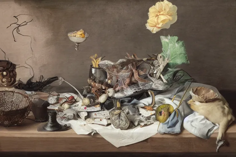 Image similar to a vanitas painting from the 21st century by clara peeters and pieter claesz with an NVIDIA RTX GPU, Graphics card, silicone, dead animals, a smartphone, screens, tiktok, AirPods, cables, wires