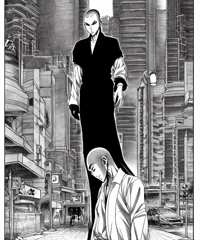 Prompt: A manga cover about a shaved-headed scarred solo yakuza standing on the sidewalk in riyadh city saudi arabia. Sharp high quality manga cover, fine details, straight lines, architecture in the background, masterpiece, art, highly detailed drawing by Hirohiko Araki, Akatsuki Akira, Kentaro Miura