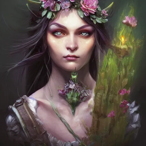 Prompt: flower witch, d & d, fantasy, portrait, highly detailed, headshot, digital painting, trending on artstation, concept art, sharp focus, illustration, art by artgerm and greg rutkowski and magali villeneuve