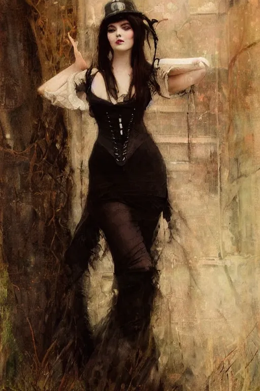 Image similar to Richard Schmid and Jeremy Lipking full length portrait painting of a young beautiful victorian steampunk vampire woman Elvira Mistress of the Dark