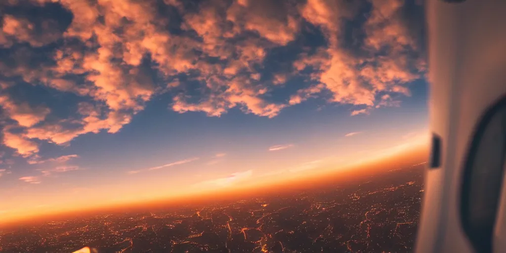 Image similar to wide angle photo looking out the window of a space capsule, liminal, cinematic, dreamscape, cinematics lighting, sunset colors, flying in the air, city in background