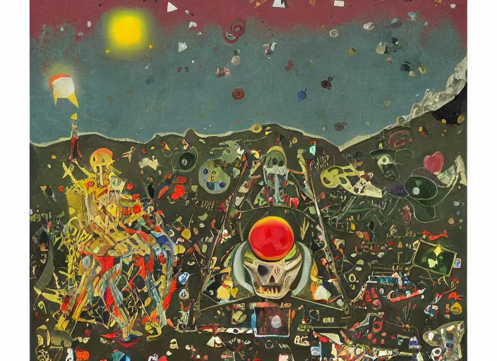 Image similar to pixel decollage painting tarot lovers card composition tower of babel road red armor wonky alien frog and maggot vampire clown knight on a skeleton pale horse in a dark green cloudy night sky with golden foil jewish stars and diamonds, mountain lake and blossoming field in background, painted by Mark Rothko, Helen Frankenthaler, Danny Fox and Hilma af Klint, pixelated, neo expressionism, semi naive, pastel colors, cinematic, color field painting, cave painting, voxel, pop art look, outsider art, minimalistic. Bill Traylor painting, part by Philip Guston, Amano and Francis Bacon. art by Adrian Ghenie and Storm Thorgerson, very coherent symmetrical artwork, cinematic, hyper realism, high detail, octane render, unreal engine, Smooth gradients, depth of field, full body character drawing, extremely detailed, 8k, extreme detail, intricate detail, masterpiece