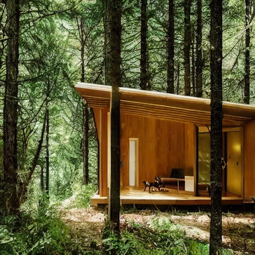 Prompt: a modern cabin in a forest with deers and rabbits and many animals around