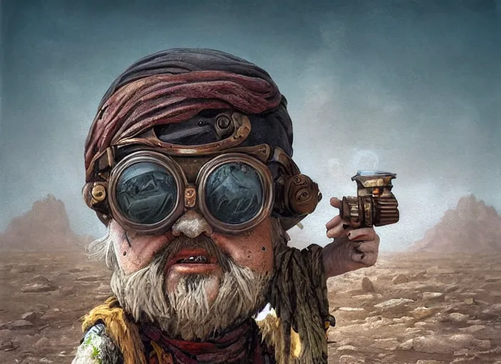 Image similar to a highly detailed forgotten garden gnome wearing goggles and head scarf surviving in a vast barren desert, hopeless wasteland background with a relentless raging sun overhead, hot, post - apocalyptic road warrior vibe, an ultrafine detailed painting by by karol bak and filip hodas, trending on deviantart, pop surrealism, whimsical, lowbrow, perfect symmetrical face, sharp focus, octane, masterpiece