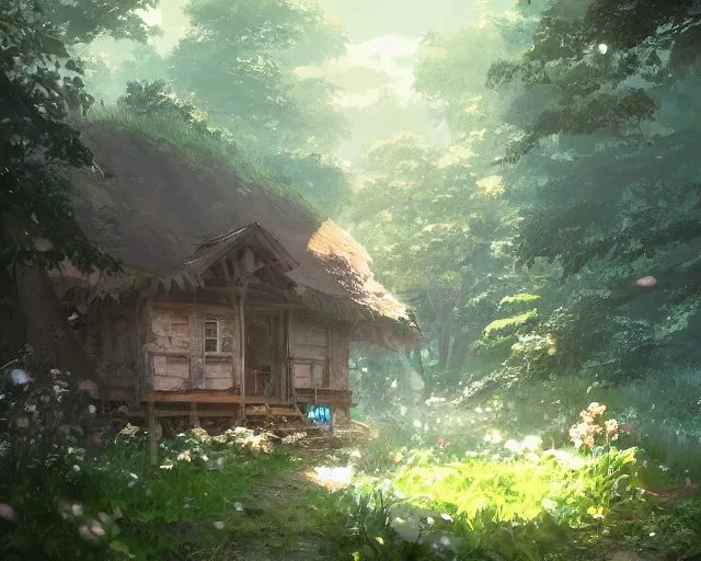 Image similar to old hut in the woods with a flower garden near a waterfall, gapmoe kuudere moody lighting stunning bokeh highlights sharp contrast | trending pixiv fanbox | by greg rutkowski makoto shinkai takashi takeuchi studio ghibli